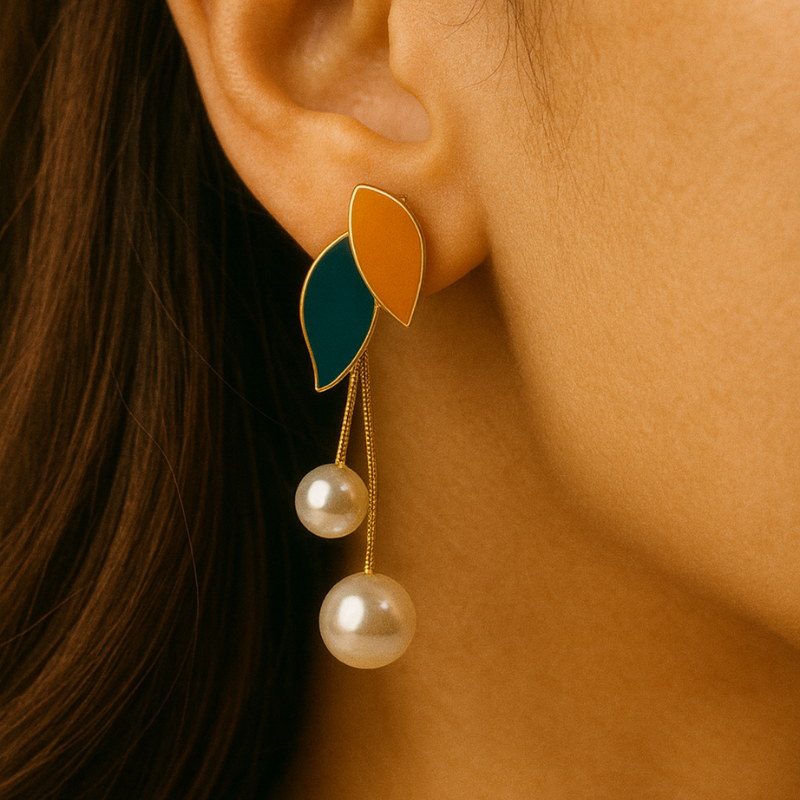Trendy Gold Plated Leaf & Pearl Drop Earrings