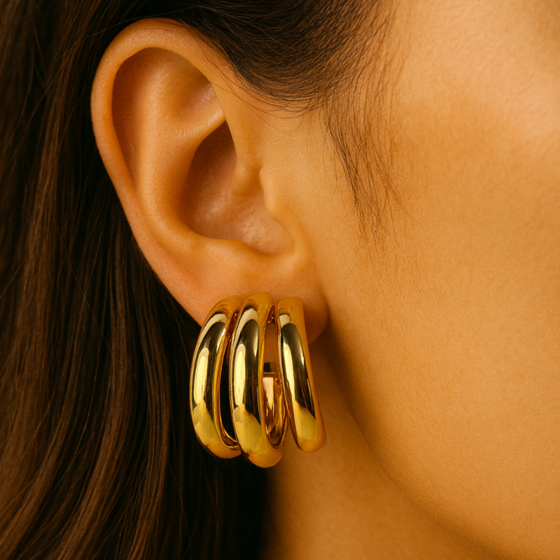 Gold Triple Hoop Stud Earrings